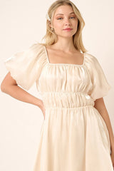 Mittoshop Metallic Organza Fabric Balloon Sleeve Mini Dress