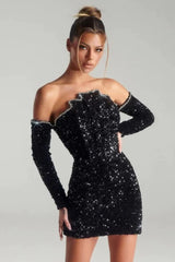 Black Off Shoulder Diamonds Dress