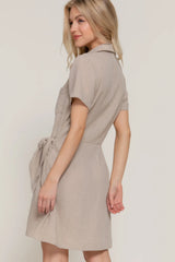 Button Down Side Bow Linen Effect Mini Dress