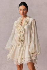 Olive Puff Sleeve Tiered Mini Dress