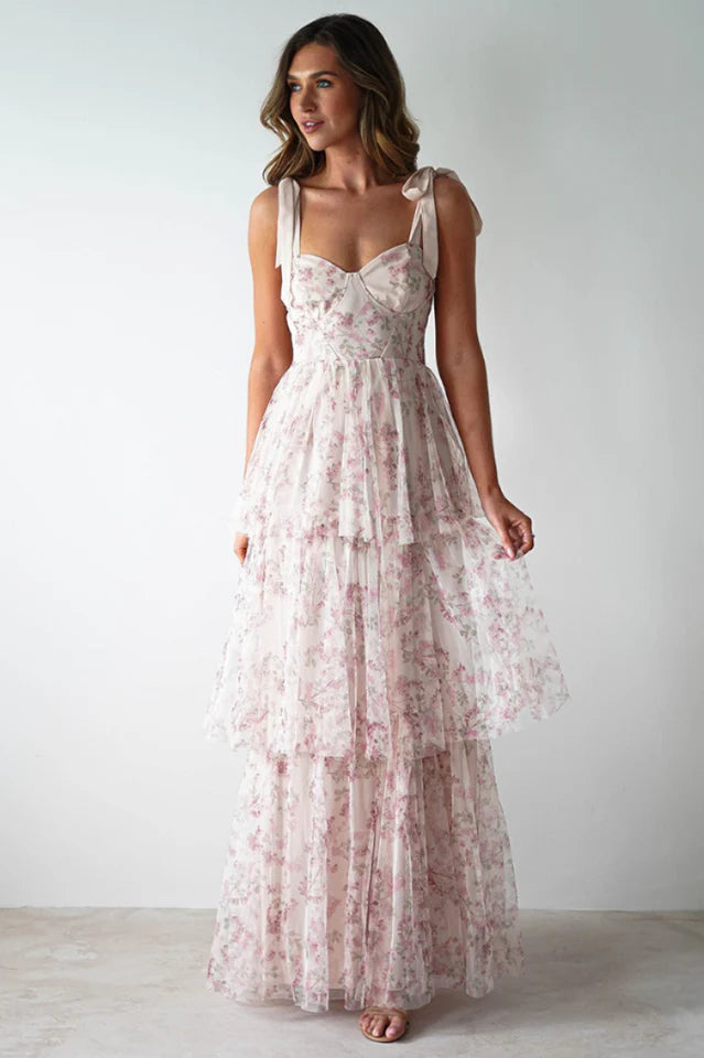 Tie Up Floral Print Tiered Maxi Dress