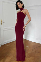 Golden Bead Trim Halter Sheath Dress