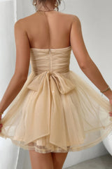 Off Shoulder Ruched Knot Zipper Pleated Short Dress