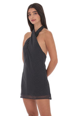 Pinstripe Cross Halter Dress in Black