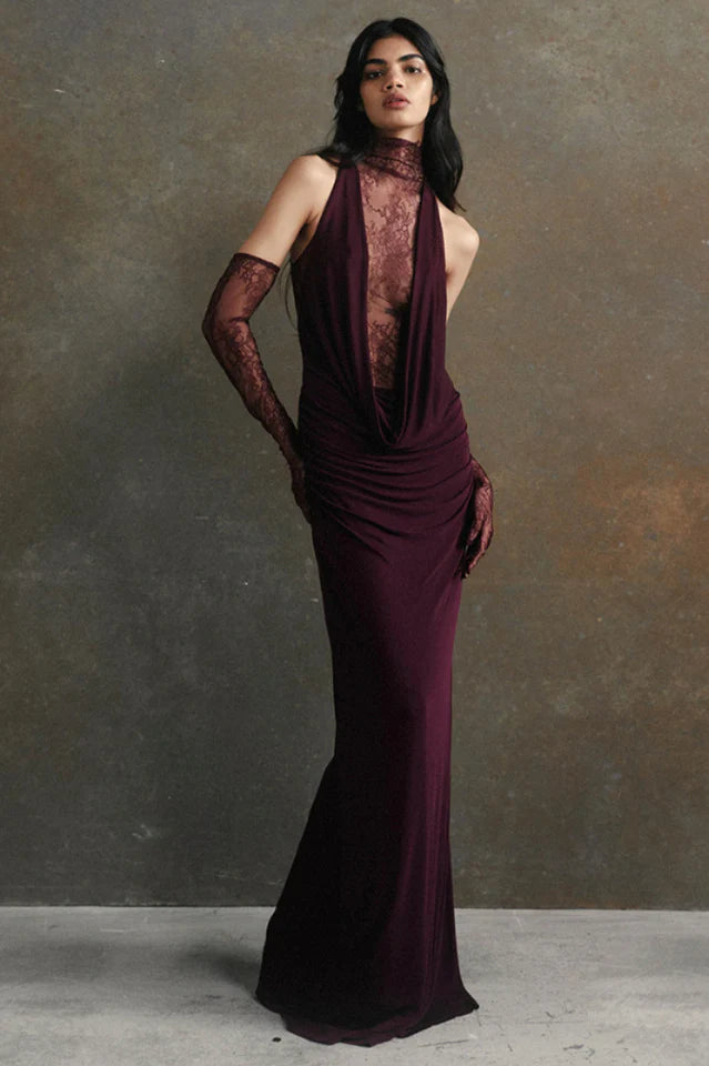 Evelyn Plunging Cowl Lace Bodice Maxi Dress