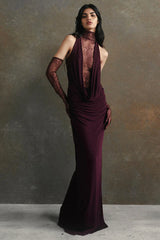 Evelyn Plunging Cowl Lace Bodice Maxi Dress