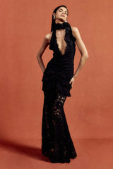 Dario Flower Plunge Lace Maxi Dress