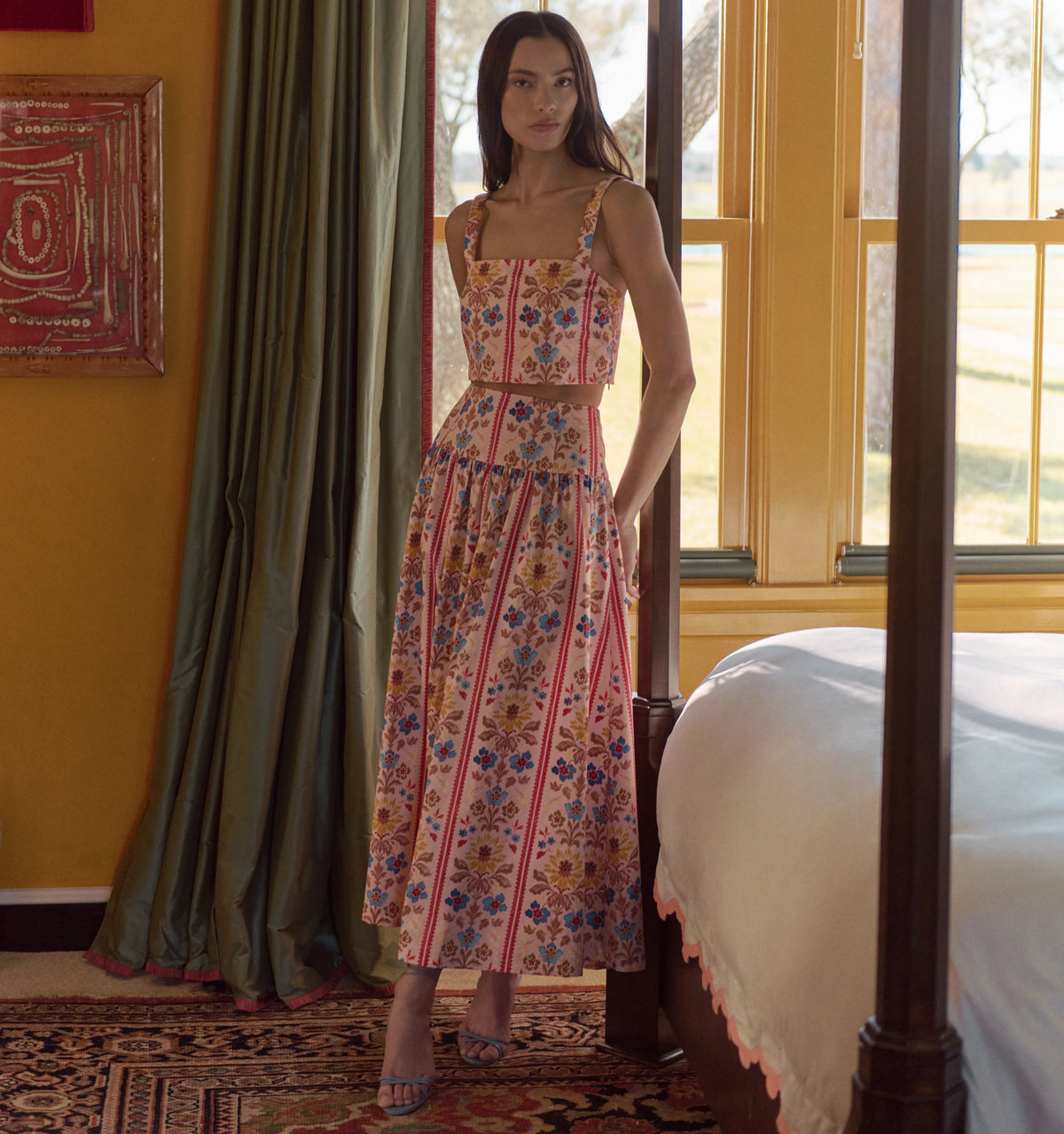 CouturebudThe Kate Midi Skirt - Pink Floral Block Stripe