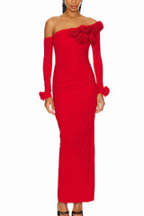 Slanted Shoulder Ruched Rose Flowers Dress