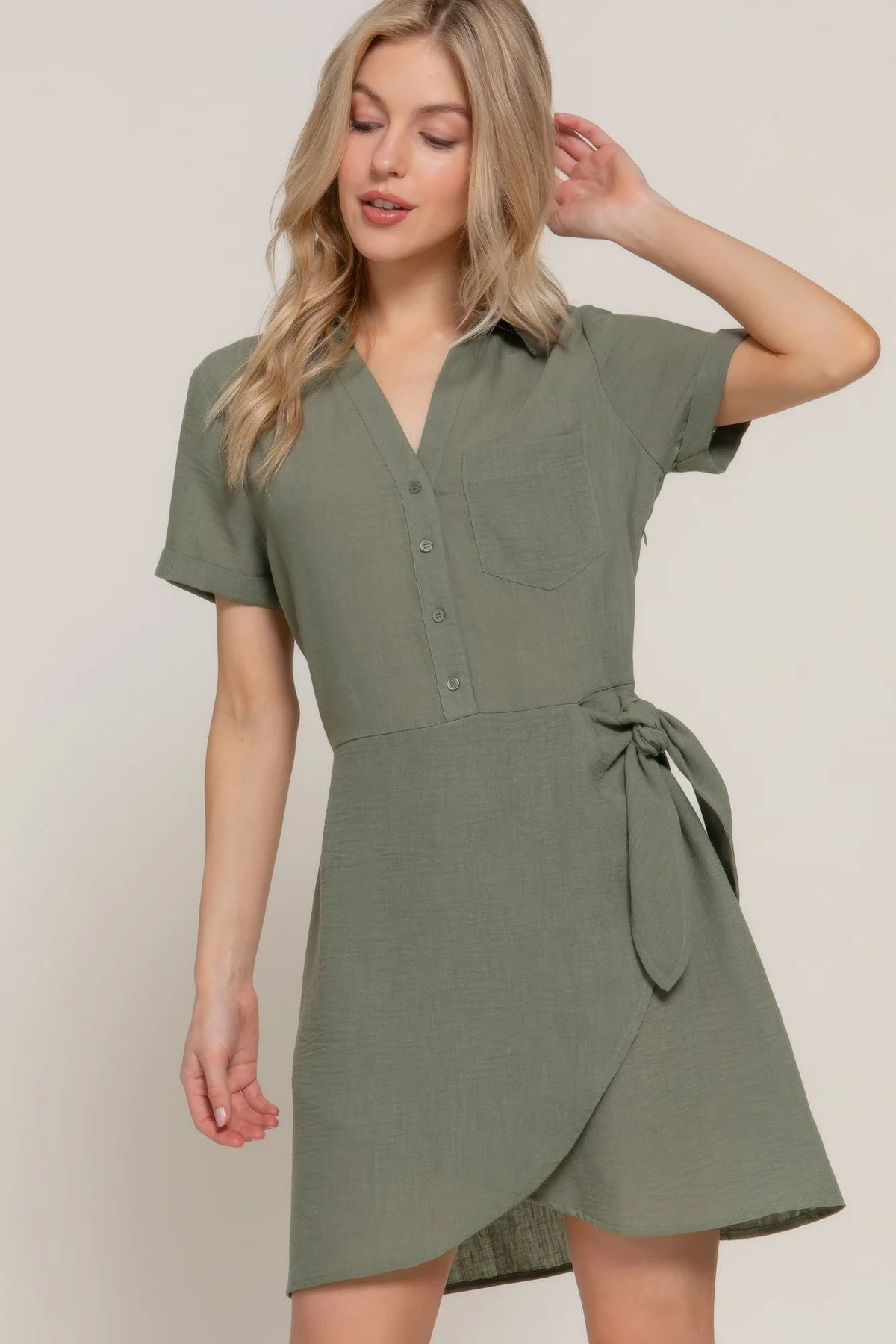 Button Down Side Bow Linen Effect Mini Dress