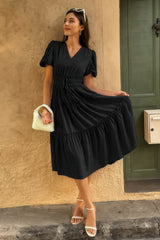 Solid V Neck Puff Sleeve Elastic Waist Dress