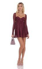 Long Sleeve Foil Babydoll Dress in Burgundy