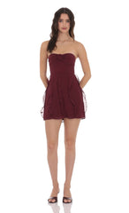 Chiffon Rosette Ruffle Dress in Burgundy