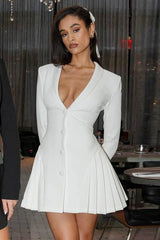 Pleated Sexy V Neck Blazer Dress