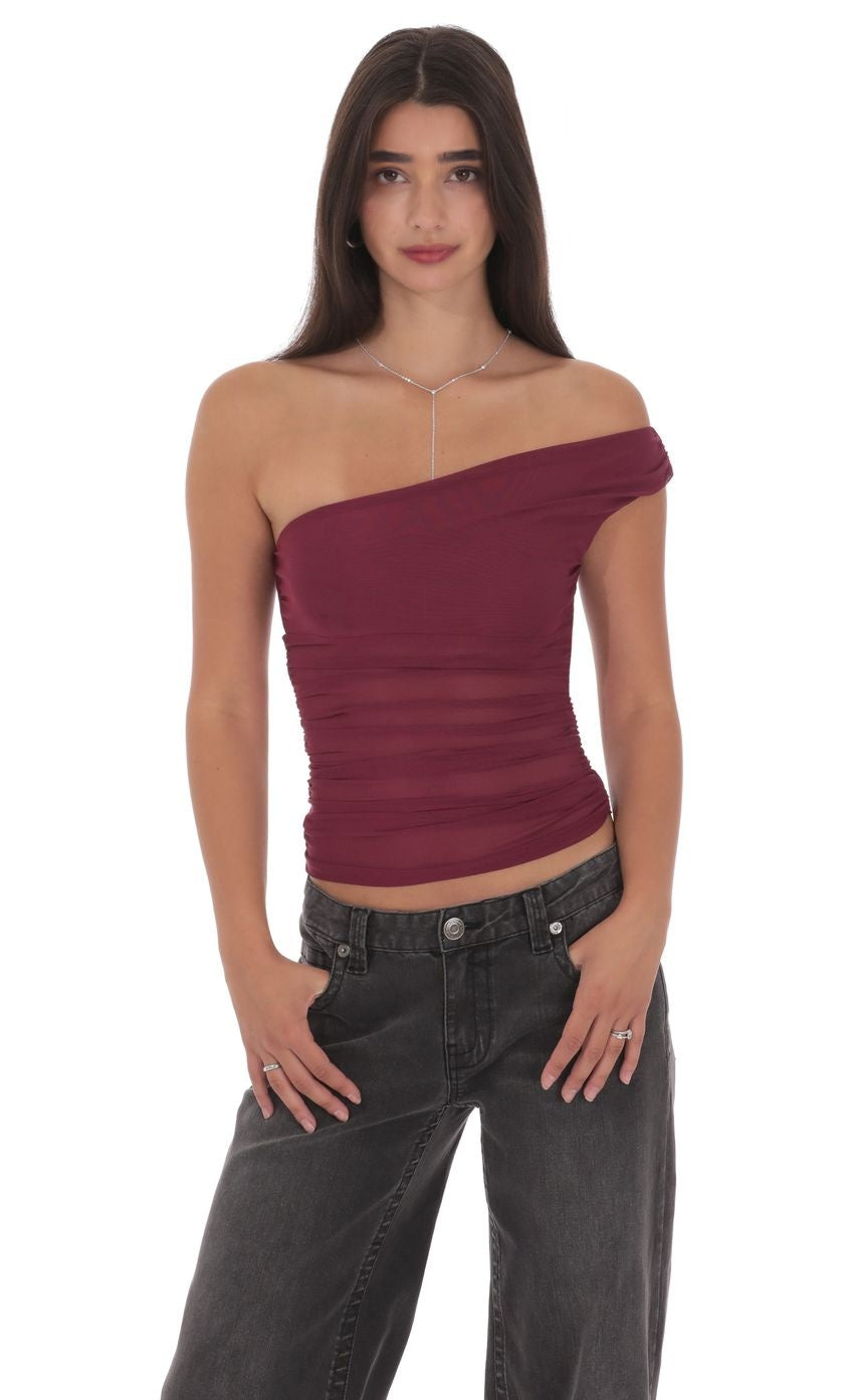 Sheer One Shoulder Top in Plum