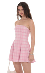 Plaid Corset Strapless Dress in Pink