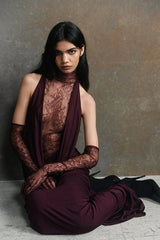 Evelyn Plunging Cowl Lace Bodice Maxi Dress