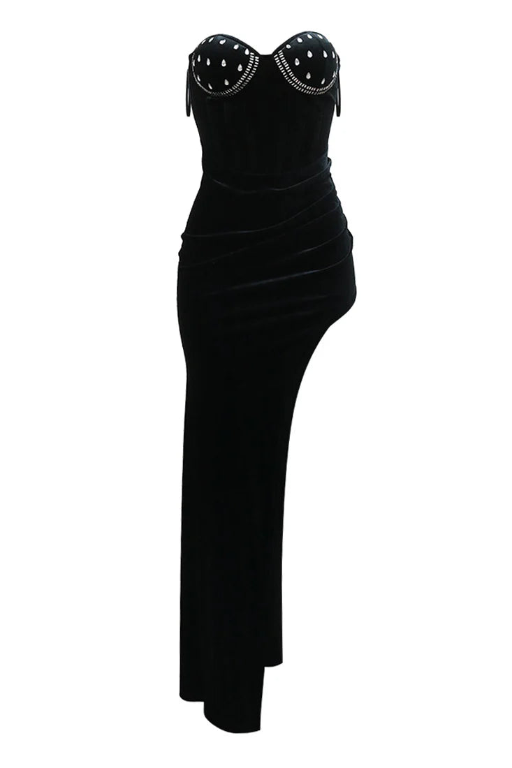 Black Velvet Rhinestone Strapless Boned Corset High Slit Sexy Maxi Party Dress