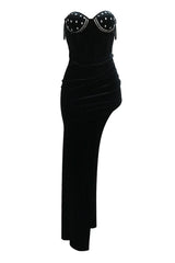 Black Velvet Rhinestone Strapless Boned Corset High Slit Sexy Maxi Party Dress