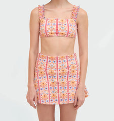 Couturebud The Riley Pool Skirt - Pink Floral Block Stripe