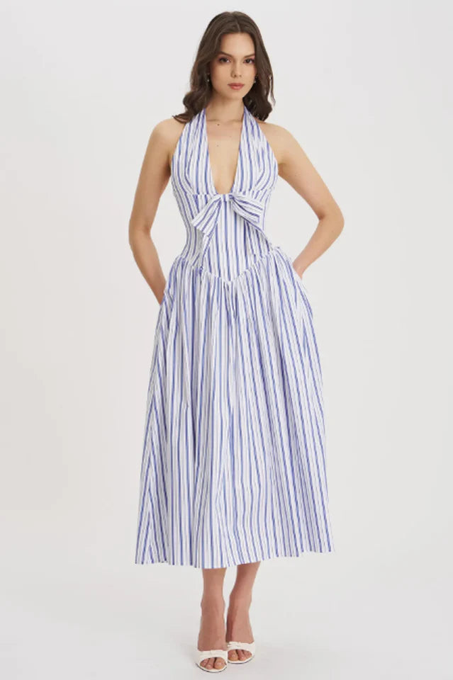 Mackenna Stripe Halter Smock Back Dress