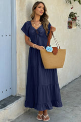 Cross V Neck Knot Pockets Ruffle Hem Dress