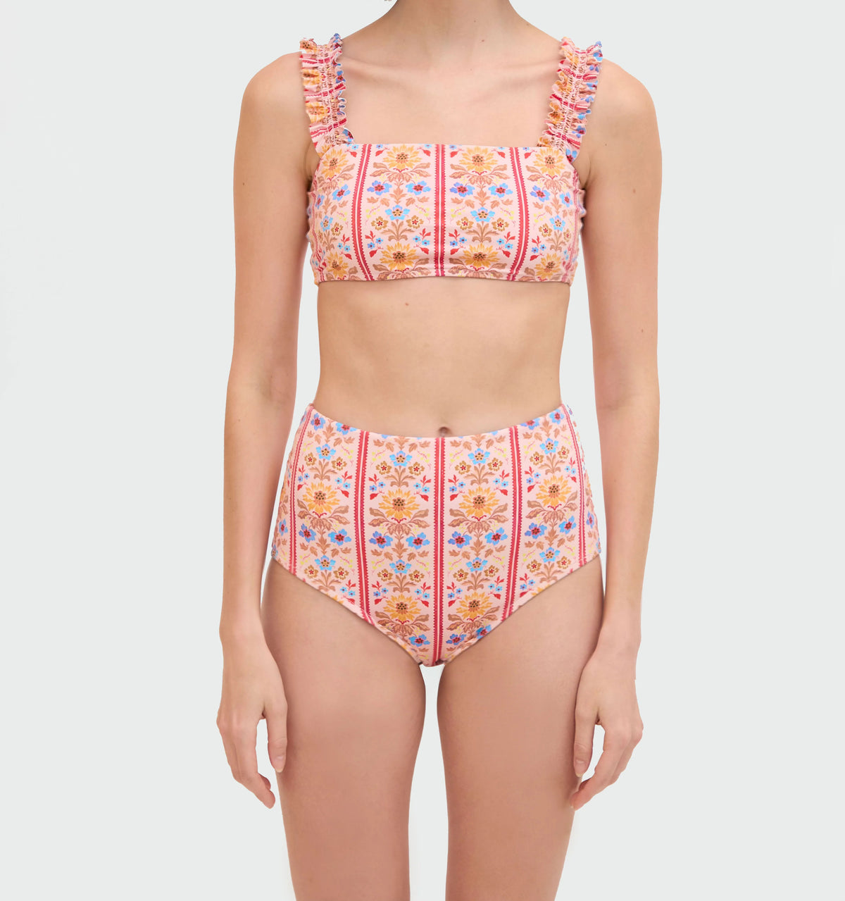 Couturebud The Teagan Bikini Set - Pink Floral Block Stripe