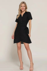 Button Down Side Bow Linen Effect Mini Dress