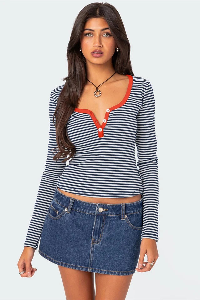 Buttoned Striped Long Sleeve T-Shirt