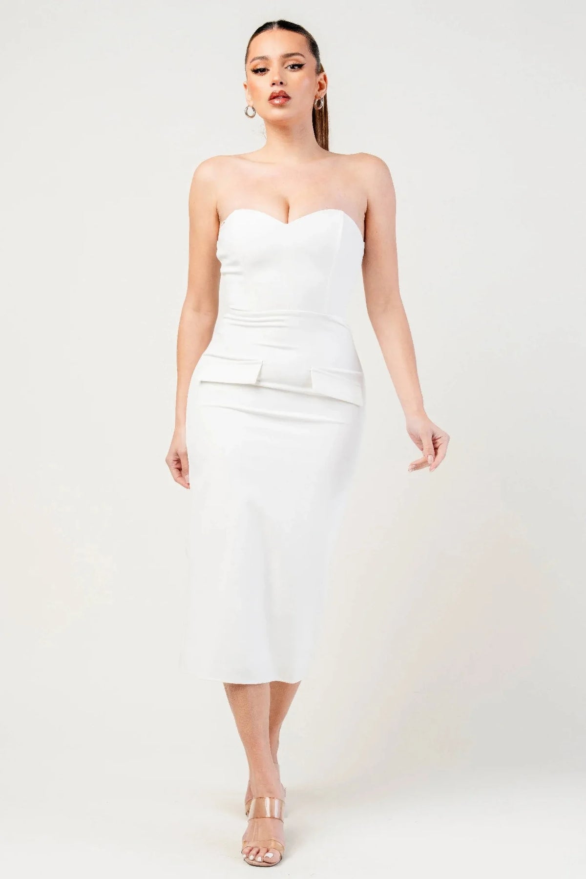 Thick Stretch Woven Sweetheart Neck Tube Midi Dress With Pocket Flap