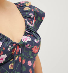 Couturebud The Zuri Top - Navy Peony Bouquet Cotton Sateen