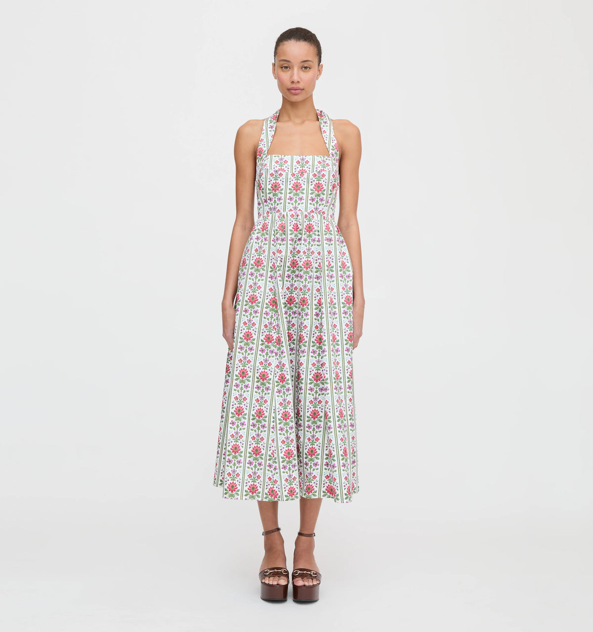 Couturebud The Fleur Midi Dress - Green Floral Block Stripe