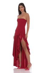 Fishtail Strapless Corset Maxi Dress in Wine