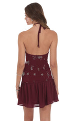 Floral Beaded Halter Dress in Burgundy