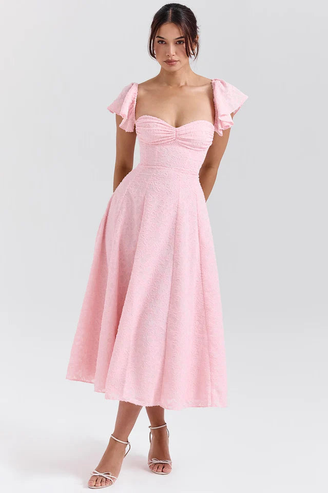 Emma Pink Floral Jacquard Midi Dress