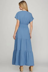 She + Sky Surplice Short Sleeve Tiered Maxi Dress With Pockets