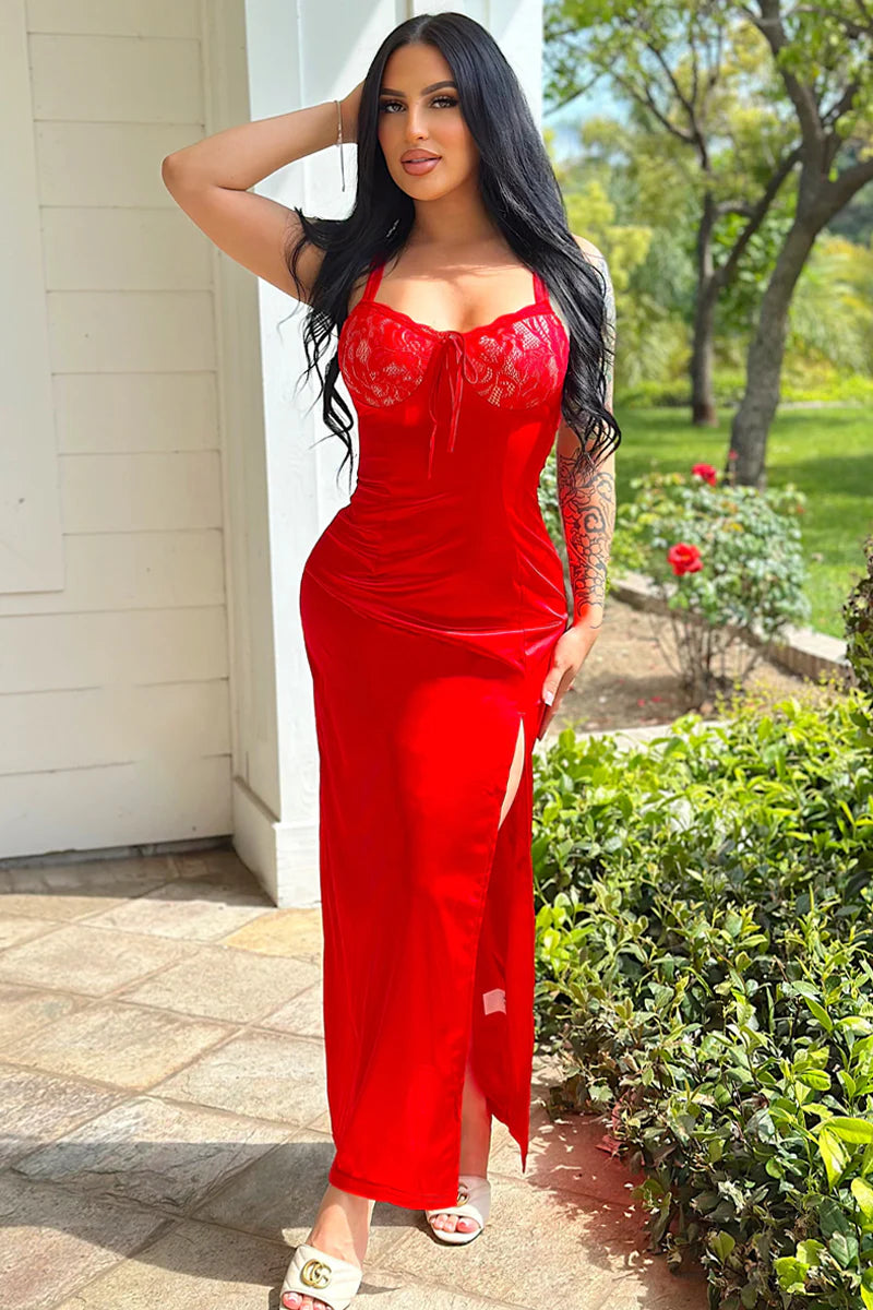 Red Stretchy Satin Lace Sexy High Slit Maxi Party Dress