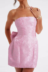 Jacquard Print Tube Back Bow Mini Dress
