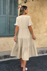 Solid V Neck A Line Ruffle Hem Pleated Dress