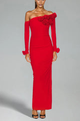 Slanted Shoulder Ruched Rose Flowers Dress