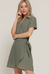 Button Down Side Bow Linen Effect Mini Dress