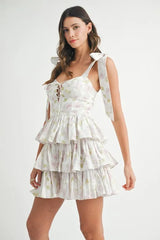 MABLE Floral Print Shoulder Tie Layered Mini Dress