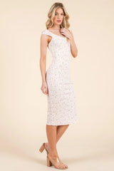 Cap Sleeve Shirred Printed Midi Dress W/ Side Slit