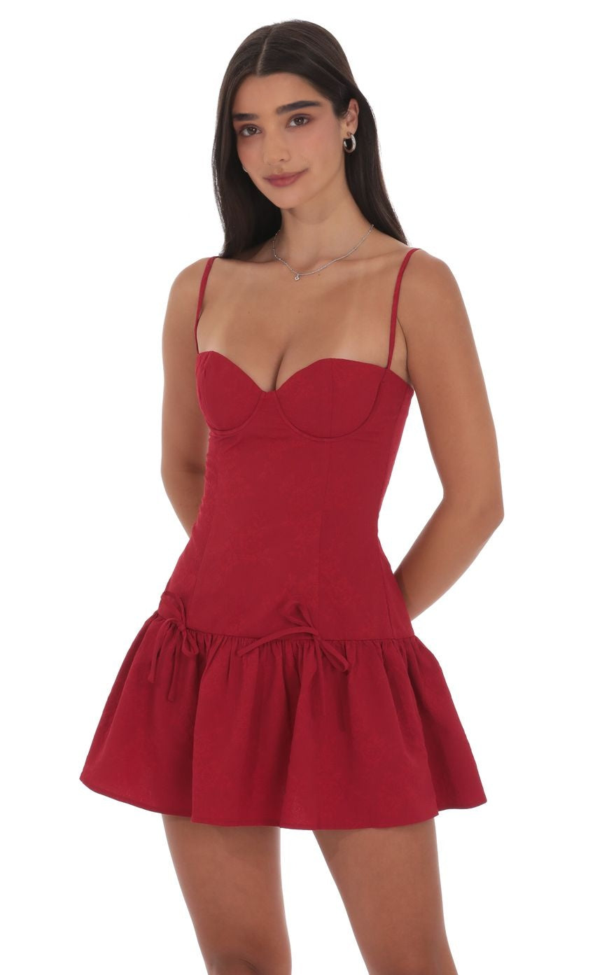 Jacquard Double Bow Drop Waist Dress in Red
