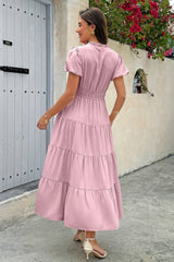 Solid V Neck Color Block Elastic Waist Dress