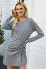 Solid Crew Neck High Waist Drawstring Dress