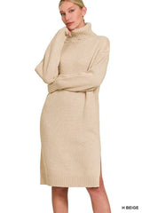Zenana Turtle Neck Long Sleeve Midi Sweater Dress