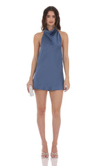 Satin Halter Open Back Dress in Navy