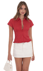 PinStripe Button-Up Ruffle Top in Red