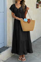 Cross V Neck Knot Pockets Ruffle Hem Dress